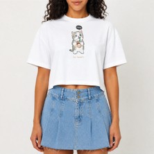 Urban Trend Store Urbantrendstore Crop Tişört Beyaz Powerful Baskılı Rahat Kesim Raw Cut Basic Kısa Tshirt