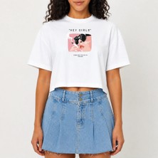Urban Trend Store Urbantrendstore Crop Tişört Beyaz Hey Girl Baskılı Rahat Kesim Raw Cut Basic Kısa Tshirt