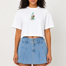 Urban Trend Store Urbantrendstore Crop Tişört Beyaz Baskılı Rahat Kesim Raw Cut Basic Kısa Tshirt