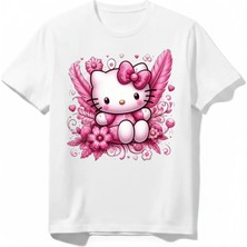 Urban Trend Store Urbantrendstore Hello Kitty Unisex Kız Çocuk Bisiklet Yuvarlak Yaka Basic Kısa Kollu %100 Pamuk Tişört