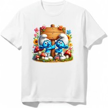 Urban Trend Store Urbantrendstore Şirinleer Unisex Kız Çocuk Erkek Çocuk Bisiklet Yuvarlak Yaka Basic Kısa Kollu %100 Pamuk Tişört