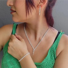 Mupte Jewelry Abiye Set Suyolu Küpe Kolye Bileklik Zirkon Gümüş Renk