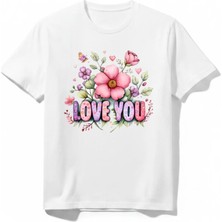 Urban Trend Store Urbantrendstore Çicek Temalı Love You Unisex Kız Çocuk Bisiklet Yuvarlak Yaka Basic Kısa Kollu %100 Pamuk Tişört