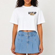 Urban Trend Store Urbantrendstore Crop Tişört Beyaz Wake Up Baskılı Rahat Kesim Raw Cut Basic Kısa Tshirt