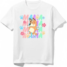 Urban Trend Store Urbantrendstore Bluey Mama Baskılı Unisex Kız Çocuk Erkek Çocuk Bisiklet Yuvarlak Yaka Basic Kısa Kollu %100 Pamuk Tişört