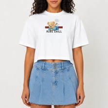Urban Trend Store Urbantrendstore Crop Tişört Beyaz Baskılı Rahat Kesim Raw Cut Basic Kısa Tshirt