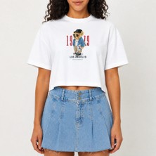 Urban Trend Store Urbantrendstore Crop Tişört Beyaz Baskılı Rahat Kesim Raw Cut Basic Kısa Tshirt