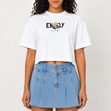 Urban Trend Store Urbantrendstore Crop Tişört Beyaz Baskılı Rahat Kesim Raw Cut Basic Kısa Tshirt