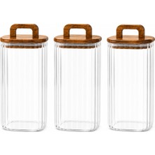 Welcomein 1850 ml Kare Cam Kavanoz 3’lü Set – Ahşap Kulplu Kapaklı, Fitilli Erzak ve Saklama Kabı
