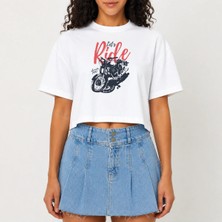 Urban Trend Store Urbantrendstore Crop Tişört Beyaz Baskılı Rahat Kesim Raw Cut Basic Kısa Tshirt