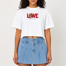 Urban Trend Store Urbantrendstore Crop Tişört Beyaz Baskılı Rahat Kesim Raw Cut Basic Kısa Tshirt