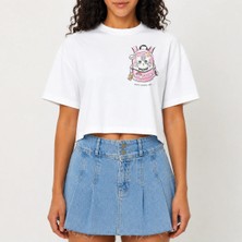 Urban Trend Store Urbantrendstore Crop Tişört Beyaz Powerful Baskılı Rahat Kesim Raw Cut Basic Kısa Tshirt