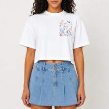 Urban Trend Store Urbantrendstore Crop Tişört Beyaz Baskılı Rahat Kesim Raw Cut Basic Kısa Tshirt