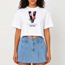 Urban Trend Store Urbantrendstore Crop Tişört Beyaz Powerful Baskılı Rahat Kesim Raw Cut Basic Kısa Tshirt