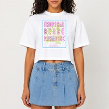 Urban Trend Store Urbantrendstore Crop Tişört Beyaz Baskılı Rahat Kesim Raw Cut Basic Kısa Tshirt