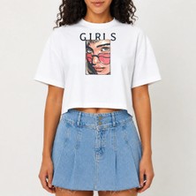 Urban Trend Store Urbantrendstore Crop Tişört Beyaz Baskılı Rahat Kesim Raw Cut Basic Kısa Tshirt