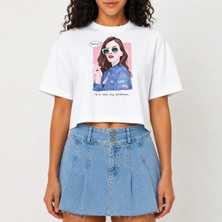 Urban Trend Store Urbantrendstore Crop Tişört Beyaz Baskılı Rahat Kesim Raw Cut Basic Kısa Tshirt