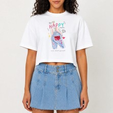 Urban Trend Store Urbantrendstore Crop Tişört Beyaz Baskılı Rahat Kesim Raw Cut Basic Kısa Tshirt