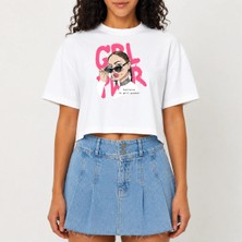 Urban Trend Store Urbantrendstore Crop Tişört Beyaz Baskılı Rahat Kesim Raw Cut Basic Kısa Tshirt