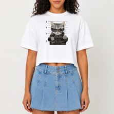 Urban Trend Store Urbantrendstore Crop Tişört Beyaz Baskılı Rahat Kesim Raw Cut Basic Kısa Tshirt
