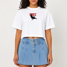 Urban Trend Store Urbantrendstore Crop Tişört Beyaz Baskılı Rahat Kesim Raw Cut Basic Kısa Tshirt