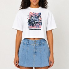 Urban Trend Store Urbantrendstore Crop Tişört Beyaz Baskılı Rahat Kesim Raw Cut Basic Kısa Tshirt