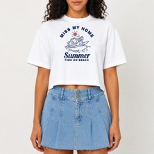 Urban Trend Store Urbantrendstore Crop Tişört Beyaz Baskılı Rahat Kesim Raw Cut Basic Kısa Tshirt