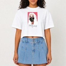Urban Trend Store Urbantrendstore Crop Tişört Beyaz Baskılı Rahat Kesim Raw Cut Basic Kısa Tshirt