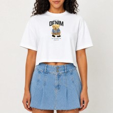 Urban Trend Store Urbantrendstore Crop Tişört Beyaz Baskılı Rahat Kesim Raw Cut Basic Kısa Tshirt
