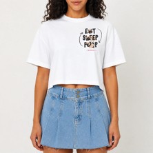 Urban Trend Store Urbantrendstore Crop Tişört Beyaz Baskılı Rahat Kesim Raw Cut Basic Kısa Tshirt