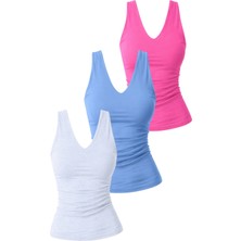 Dı Loria Kadın Önü Çift Katlı Likralı Atlet Üçlü Set (%95 Pamuk) (Pembe, Mavi, Gri Melanj)