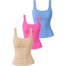 Dı Loria Kadın Kalın Askılı %95 Pamuk Likralı Bluz Atlet - Üçlü Set (Mavi, Pembe, Hardal)