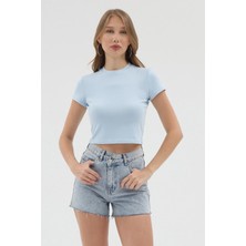 Urban Trend Store Urbantrendstore Kadın Bisiklet Yaka Likralı Kısa Kol Body Crop Bluz Günlük Şık Sade Yazlık Casual Crop Kadın Crop