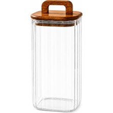 Welcomein 1500 ml Kare Line Cam Kavanoz – Ahşap Kapaklı, Kulplu, Şeffaf Kuru Gıda Saklama Kabı
