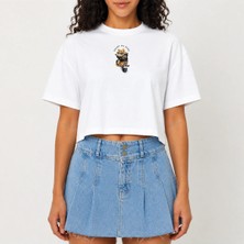 Urban Trend Store Urbantrendstore Crop Tişört Beyaz Baskılı Rahat Kesim Raw Cut Basic Kısa Tshirt
