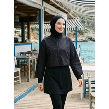 Nakşi Giyim Kadın Tam Kapalı 3 Parça Bone Tunik Pantolon Fermuarlı Hızlı Kuruyan Kırmızı Kalp Desenli Tesettür Mayo Takımı