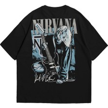  Kadın Erkek Siyah Kurt Cobain Nirvana Baskılı Oversize Bisiklet Yaka Kısa Kollu T-Shirt