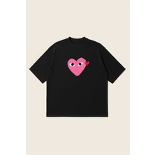  Comme Des Garçons Pembe Kalp Baskılı Oversize Boxy Kesim Unisex %100 Pamuklu Baskılı Tshirt | Streetwear
