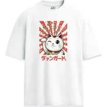  Şans Kedisi Japon Lucky Cat Maneki Neko Baskılı Unisex Tişört
