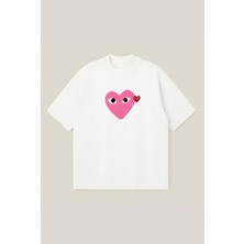  Comme Des Garçons Pembe Kalp Baskılı Oversize Boxy Kesim Unisex %100 Pamuklu Baskılı Tshirt | Streetwear