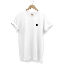  Beyaz Unisex Evcil Hayvan Kedi Patisi Baskılı Kısa Kollu T-Shirt