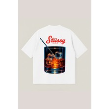  Stüssy Unisex %100 Organik Pamuklu Kalın Dokulu Oversize Bisiklet Yakalı T-Shirt