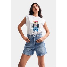 It's Basic Kadın Mavi Renk Diana Mom Fit Midi Boy Denim Şort
