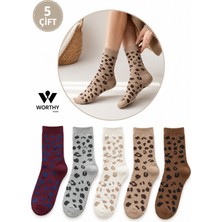 Worthy Socks 5 Çift Kadın Çok Renkli Leopar Desenli Soket Çorap 5 Li Paket