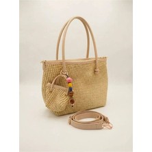 Satuna Astarlı Hasır Çanta - Uzun Askılı, Mini Cüzdanlı, Renkli Boncuklu 25CMX32CM