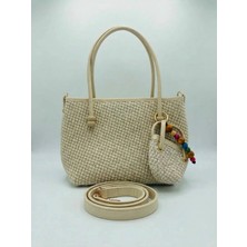 Satuna Astarlı Hasır Çanta - Uzun Askılı, Mini Cüzdanlı, Renkli Boncuklu 25CMX32CM