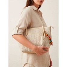 Satuna Astarlı Hasır Çanta - Uzun Askılı, Mini Cüzdanlı, Renkli Boncuklu 25CMX32CM