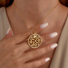 Nox Jewelry 14 Ayar Altın Kaplama 925 Ayar Gümüş Zirkon Taşlı Çiçek Desenli Yuvarlak Kolye - CNS00684