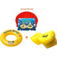 Mustran Çocuk 6'lı Deniz ve Havuz Yüzme Seti Deniz Gözlüğü + Silikon Bone + Çift Odalı Kolluk + Çocuk Simidi + Kulak Tıkacı + Burun Tıkacı