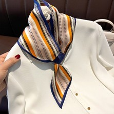 Emays Design Kadın Lacivert Turuncu Çizgili Saten Kravat Eşarp Boyun Fuları Saç ve Çanta Aksesuarı